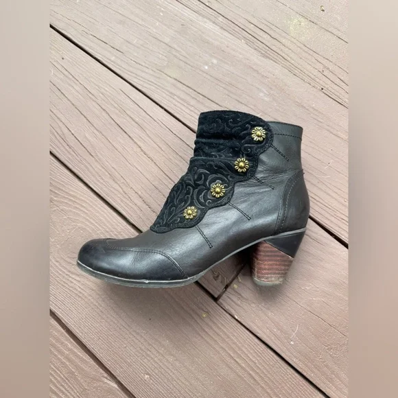Spring Step L’Artiste Black Ankle Boots leather and embossed suede - Picture 9 of 11
